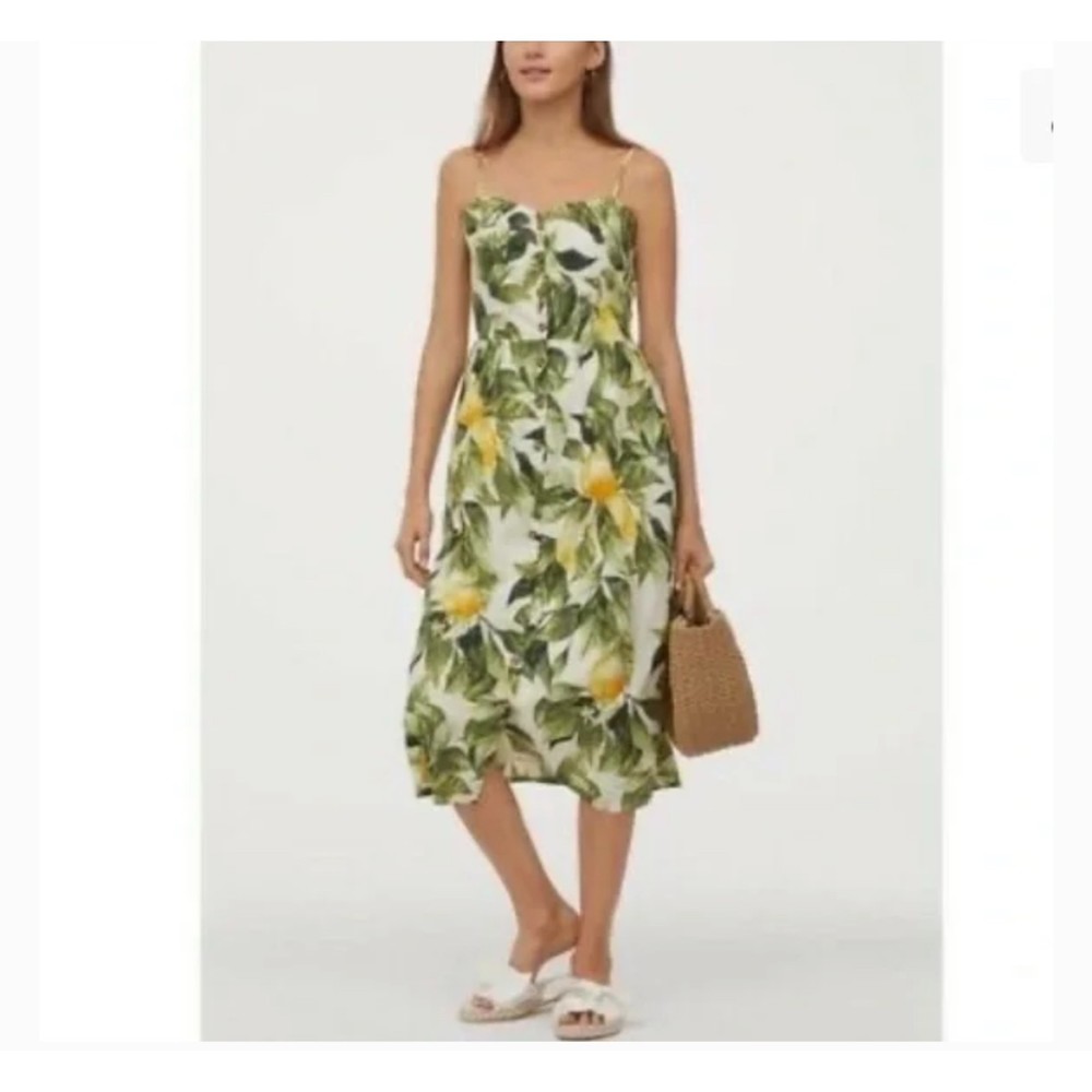 H&M Lemon Leaf Button Linen Blend Midi Dress Size… - image 2